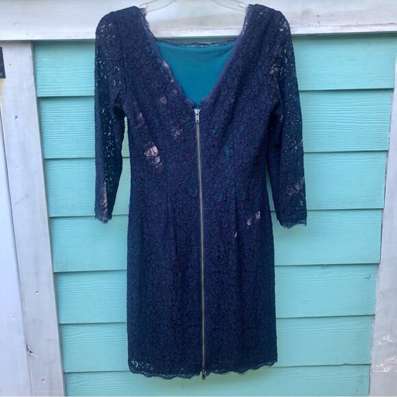 Adrianna Papell size 4 Lace Overlay Navy & Green Exposed Zip HOCO Cocktail Dress - Picture 4 of 16